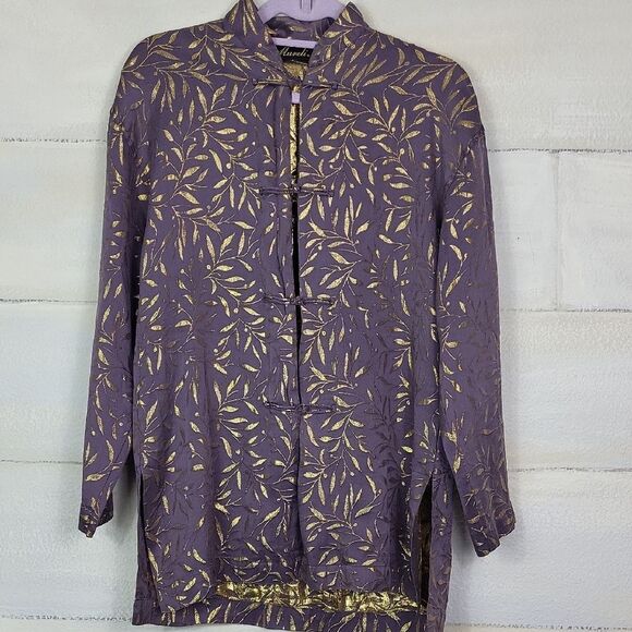 Mureli Tops - 100% silk Purple and Gold Leaf Orient style Patterned Jacket. Size‎